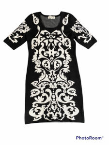 Pink Rose Sweater Dress Black White Knit Size M 1/2 Sleeve Fall Winter
